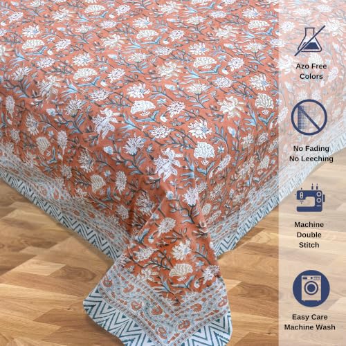 Image of TOAI Hand Block Printed Bedsheet | Bed Spread Flatsheet Bed Sheet | Pure Cotton | Queen Size 90 inchx108 inch | 300 TC Long Staple Cotton | 2 Reversible Pillow Covers |Floral Vines on Rust
