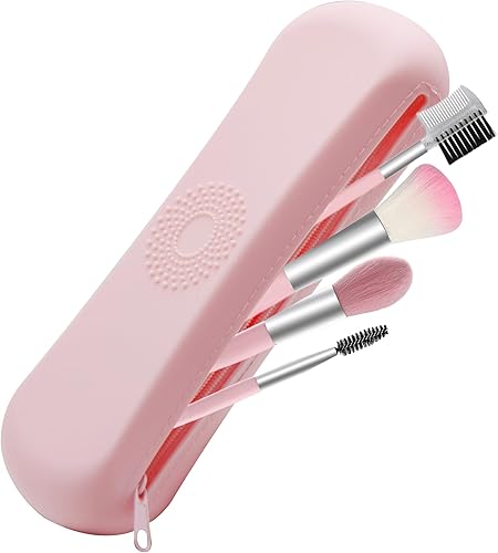 Travel Essentials - Soporte para brochas de maquillaje, organizador portátil para brochas de maquillaje, cremallera anticaídas, funda de silicona