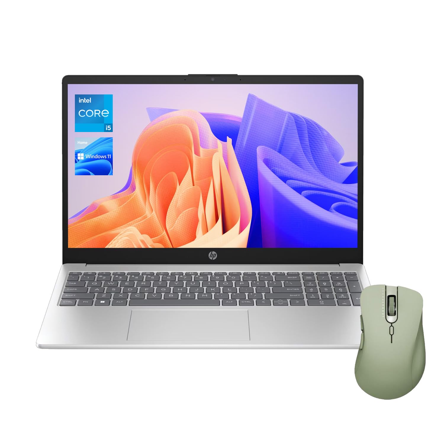 HP Essential Traditional Laptop, 15.6" HD 1366 * 768 60Hz, Intel Core i5-1235U, Intel Iris Xe Graphics, 128GB RAM, 8TB SSD, Wi-Fi 6, W11H, Silver, Bundle with Thunderobot ML101-green Mouse