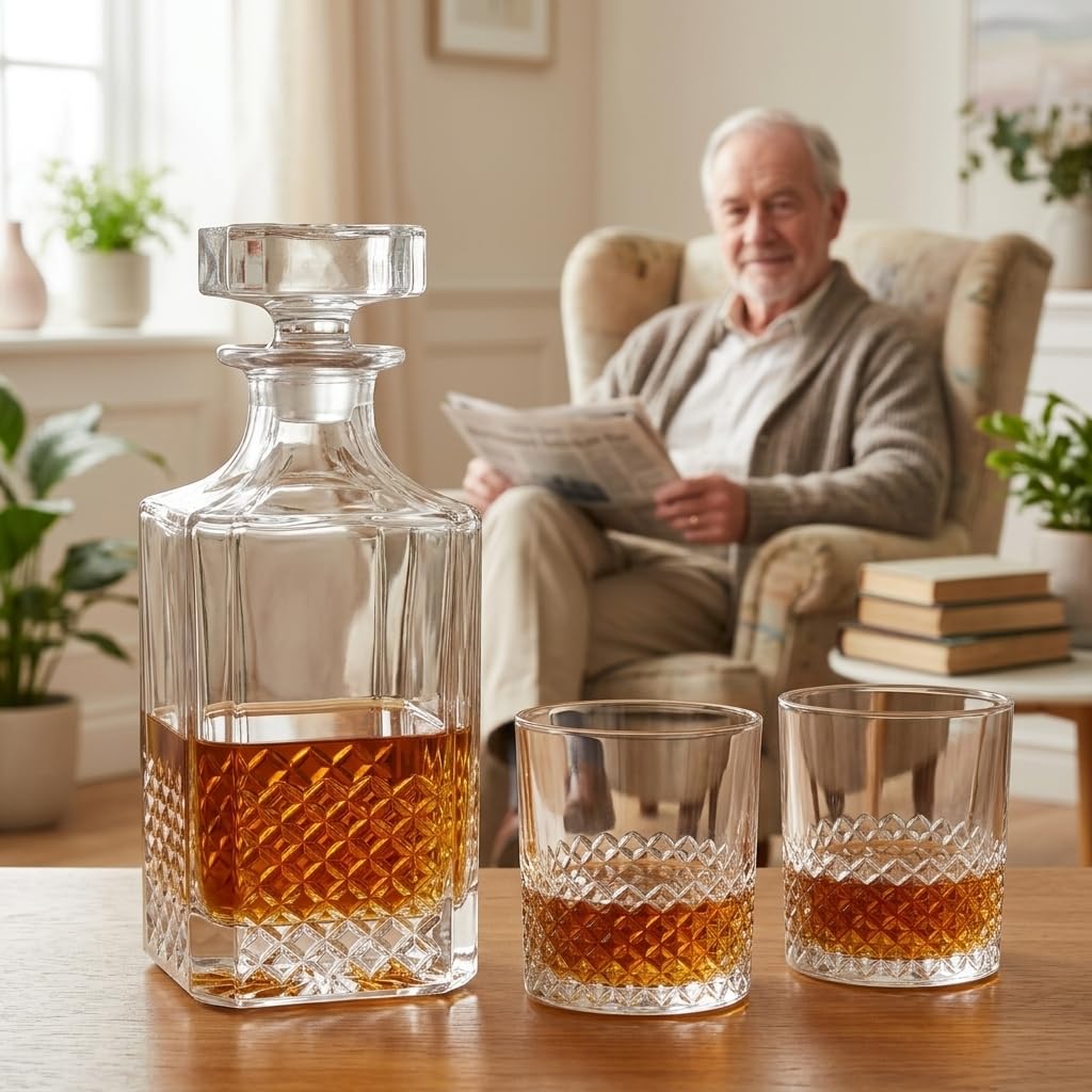 Glasmark Krosno 1992 Caraffa con Bicchieri 3 pezzi per Whisky e Distillati - Caraffa in Vetro 750 ml e 2 Bicchieri 290 ml - in Scatola Regalo Nera - Decoro Molato