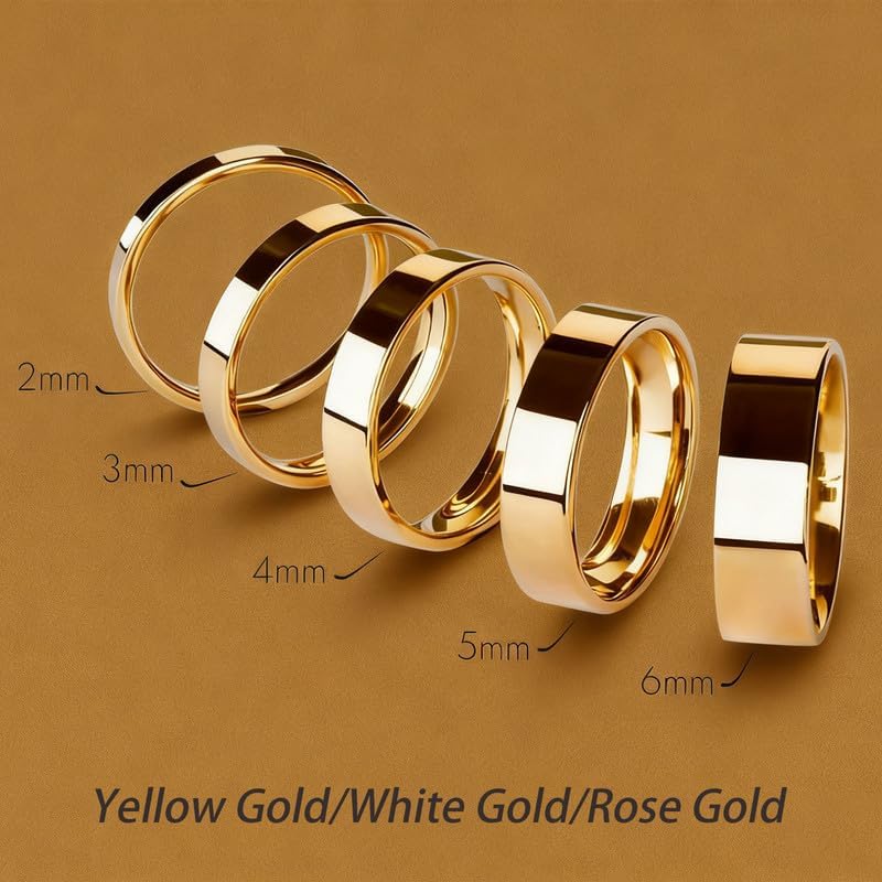 10K 14K 18K Solid Gold 2MM/3MM/4MM/5MM/6MM Polished Plain Wedding Band for Men Women Real Gold Flat Wedding Rings Comfort Fit Size 3-16