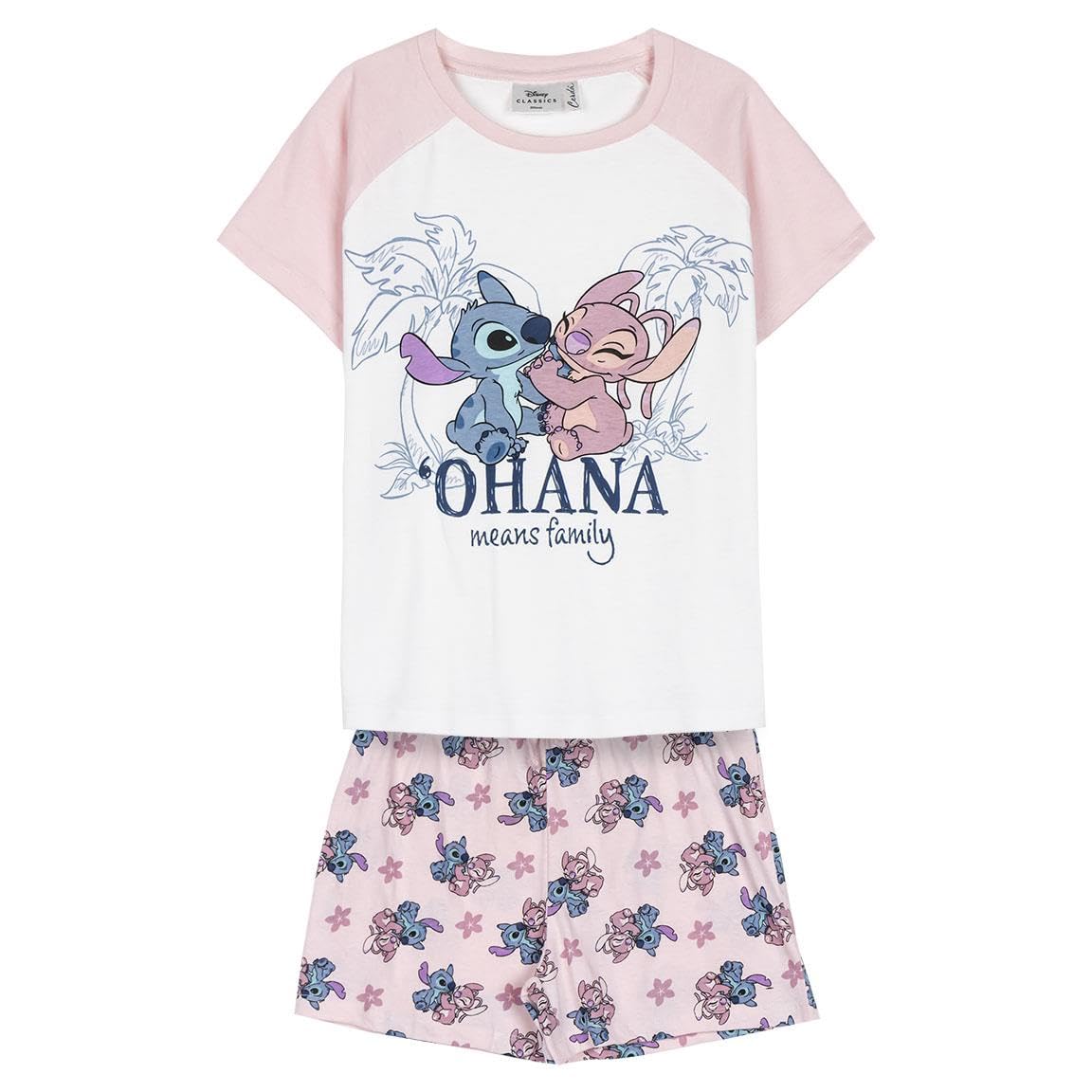Disney Stitch Camiseta y Pantalón Corto para Niña, Pijama Algodón Suave, Stitch y Angel Conjunto 2 Piezas Verano, Tallas 8 a 14 Años