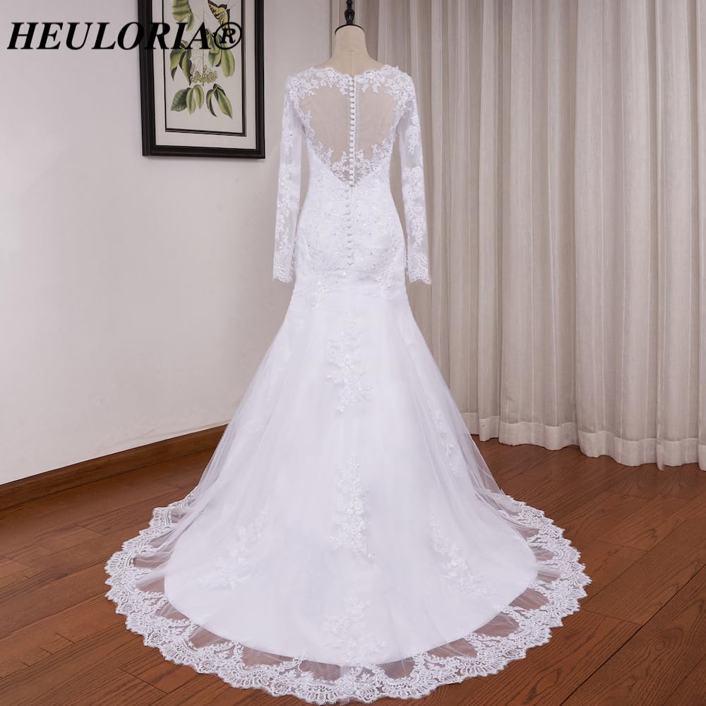 Robe de mariée sirène Manche Longue col Rond Perles Dentelle Grande Traine Robe de Mariage Me-0325