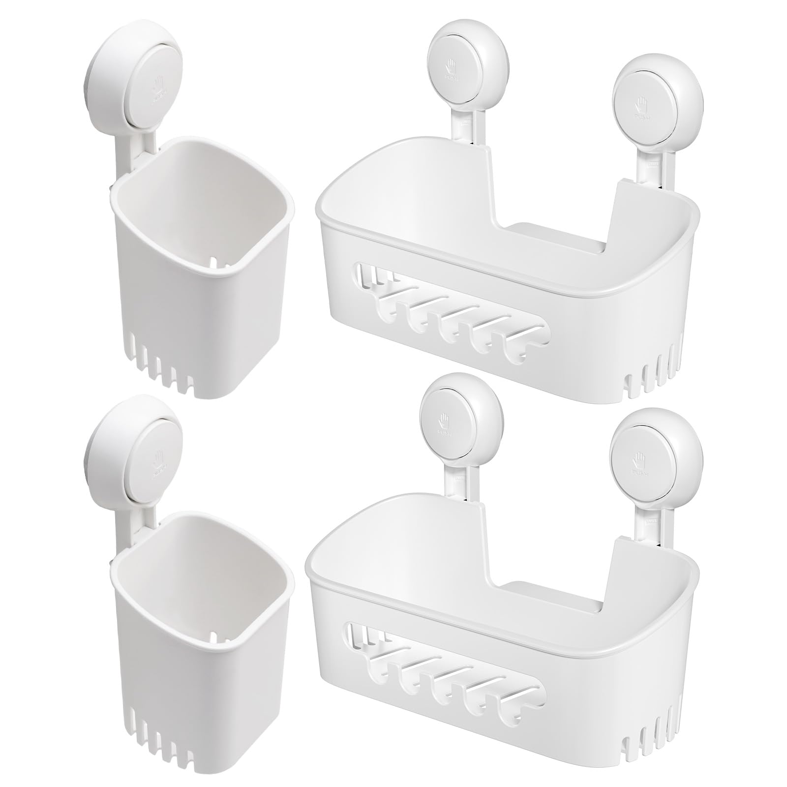 LEVERLOC Saugnapf Duschablage 2 Stück und Zahnbürstenhalter 2 Stück, Max Halt 3 KG Zahnbürstenhalter Wand für Dusche, Badezimmer Zahnputzbecher, Wasserfester Rasierklingenhalter, Plastik in Weiß