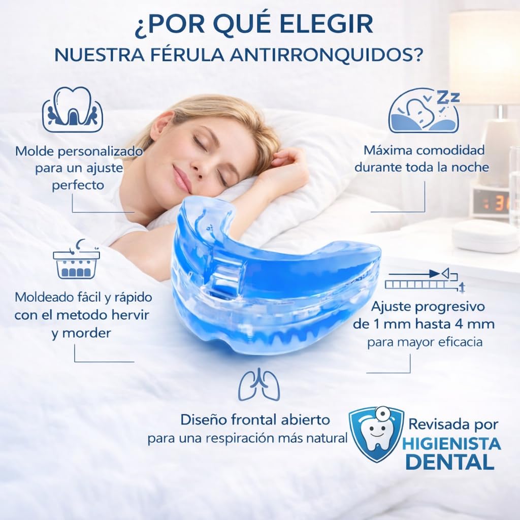 Férula Antirronquidos de Avance Mandibular Revisada por Higiénista Dental- Termoformable- Dispositivo de Avance Mandíbular -Ayuda a Reducir los Ronquidos, Guía Diseñada por Higiénista.