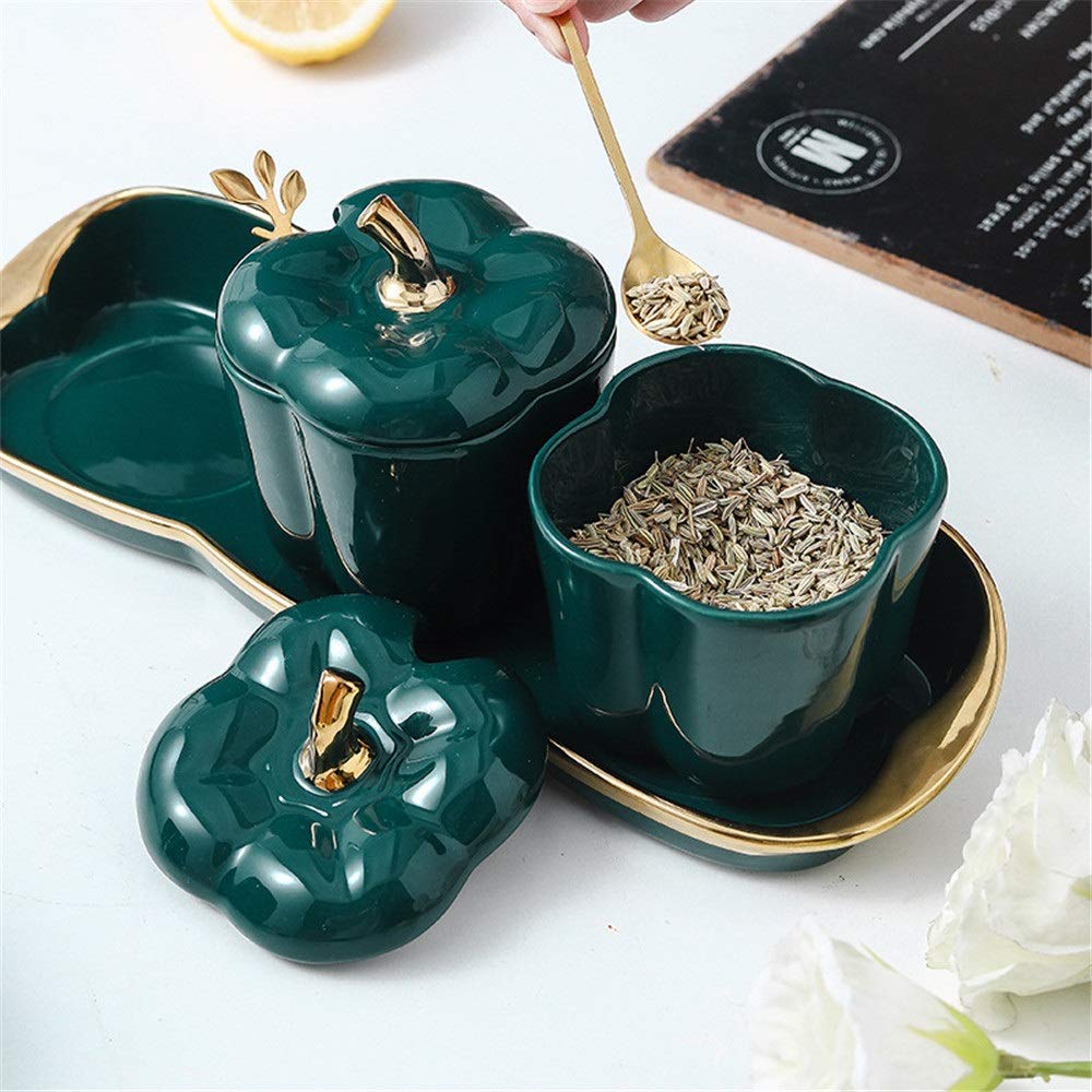 Bocaux à épices Boîte d'assaisonnement Sucrier Boîte d'assaisonnement Ensemble de stockage en céramique Bocal à épices nordique avec couvercle Pots à condiments Sel Poivre Récipient (Color : Green, Si