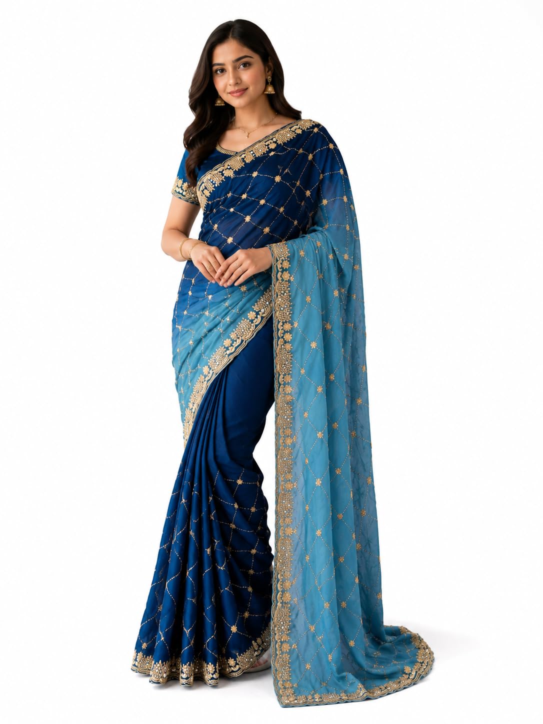 Women's Embroidered Saree, Navy Blue and Sky Blue Ombre, Georgette, Floral Gold Work,-image-37