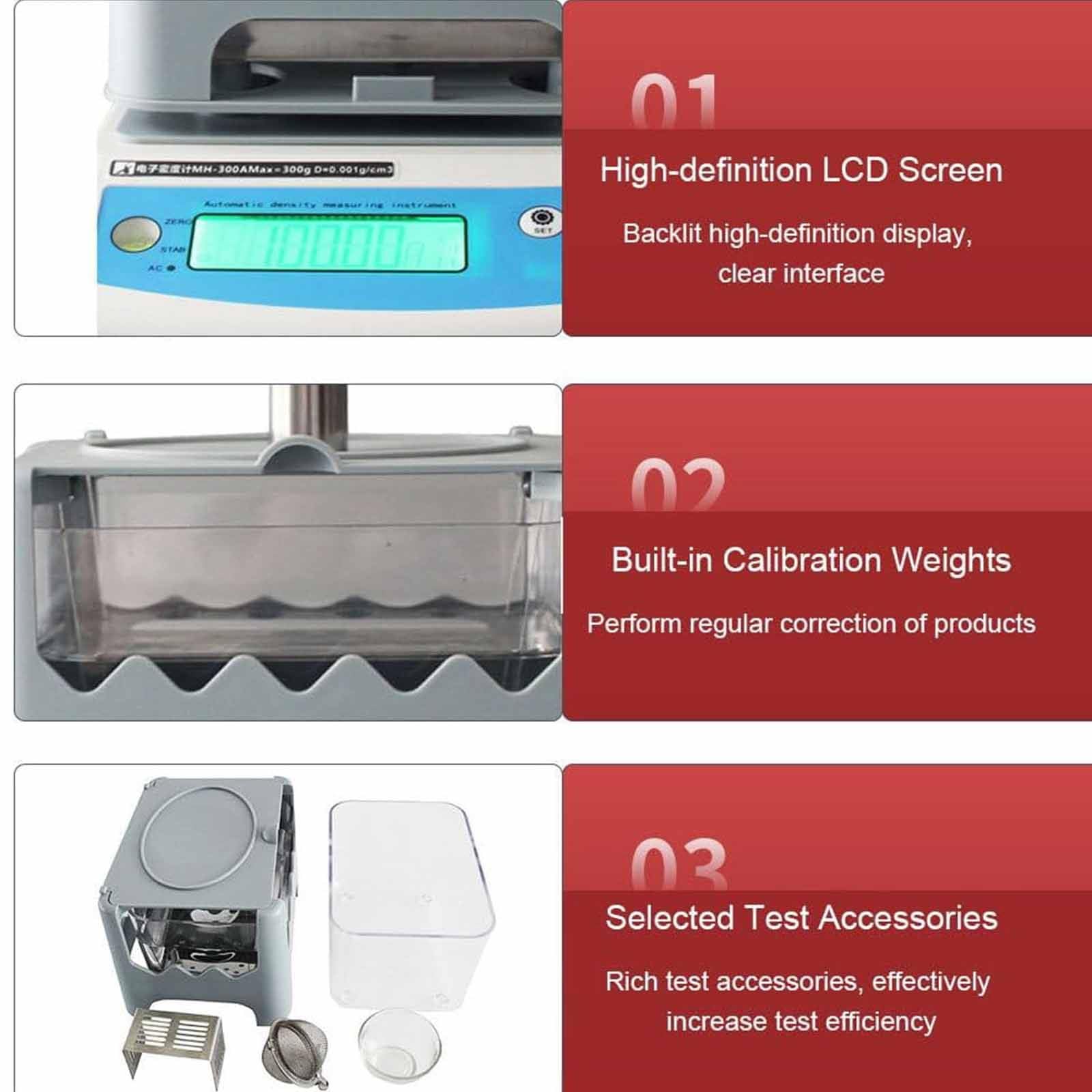 Densimetro elettronico, densimetro digitale ad alta precisione 0.001g per materiali solidi, strumento di prova di densità per plastica, gomma e granuli