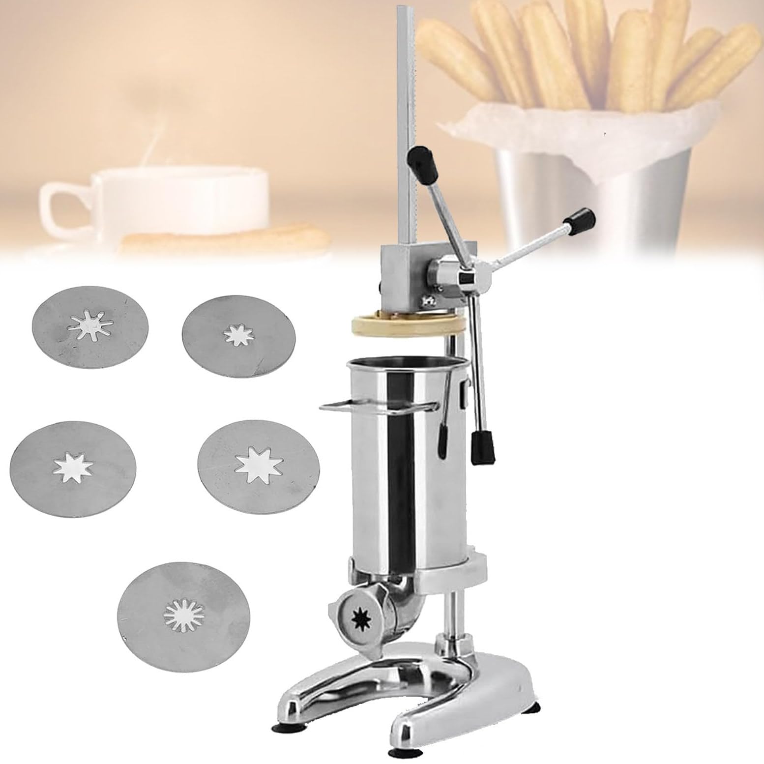 Máquina manual para hacer churros, extrusora de masa comercial de acero inoxidable con 5 boquillas, para restaurantes, panaderías, cafeterías, donas