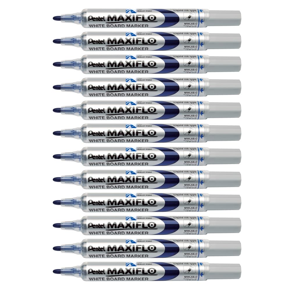 Pentel Maxiflo Lot de 12 Marqueurs effaçables à sec pour tableau blanc Pointe conique moyenne encre liquide Bleue
