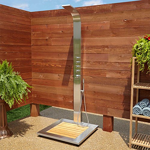 Signature Hardware 413242 Alvin Stainless Steel Thermostatic Outdoor Shower Panel with Shower Head, Hand Shower, Bodysprays and Bamboo Tray #1