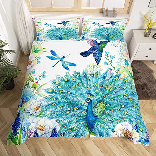 Peacock Duvet Cover Set Hummingbird Dragonfly Comforter Cover Flowers Birds Pattern Bedding Set For Girls Women Navy Blue Floral Animals Fresh Nature Quilt Cover With 2 Pillow Cases King Size