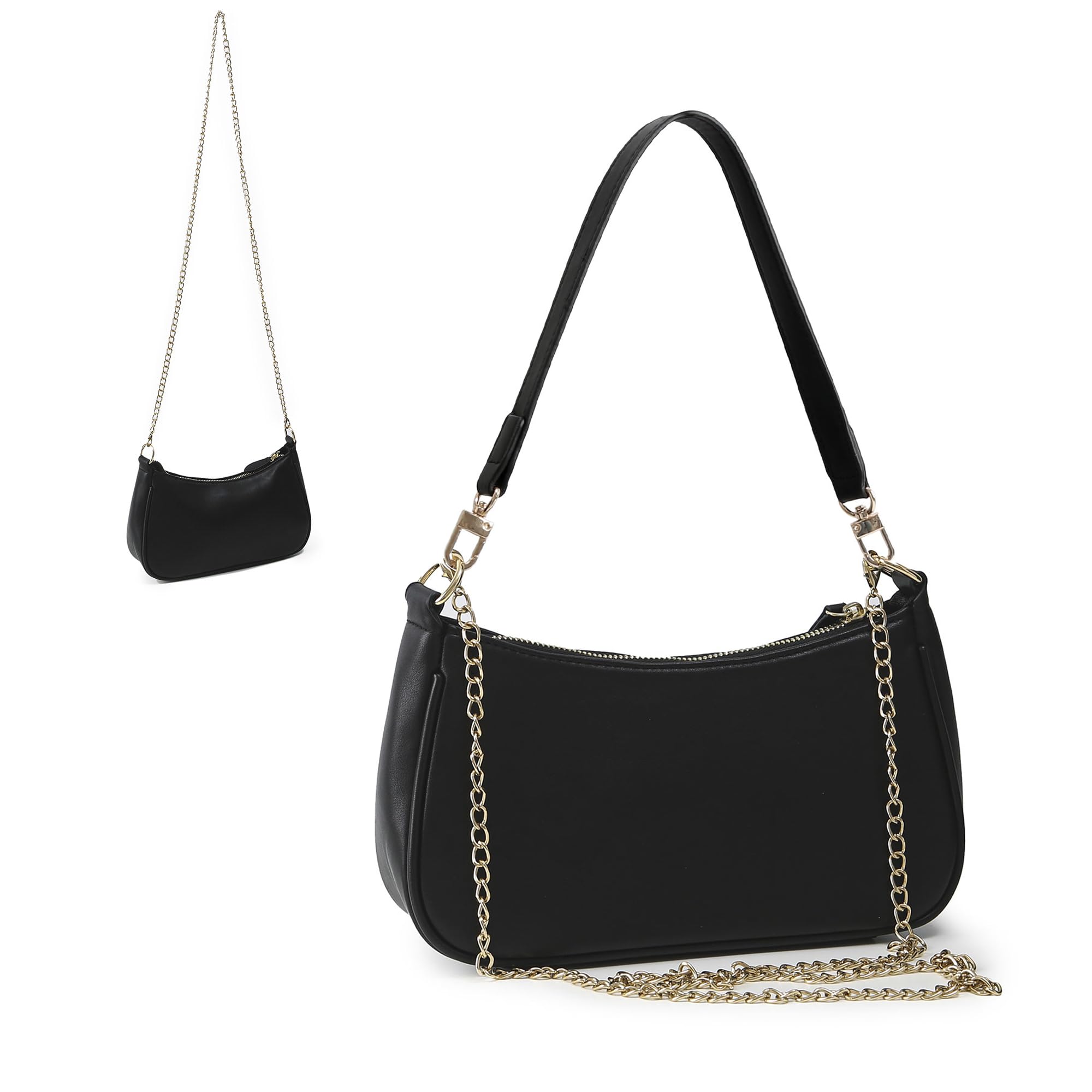 fannos Kleine Handtasche Damen - Handtasche Damen Klein | Abnehmbare Kette und Schulterriemen | PU-Leder, Schwarz, Tägliche Nutzung(26x7x15cm)