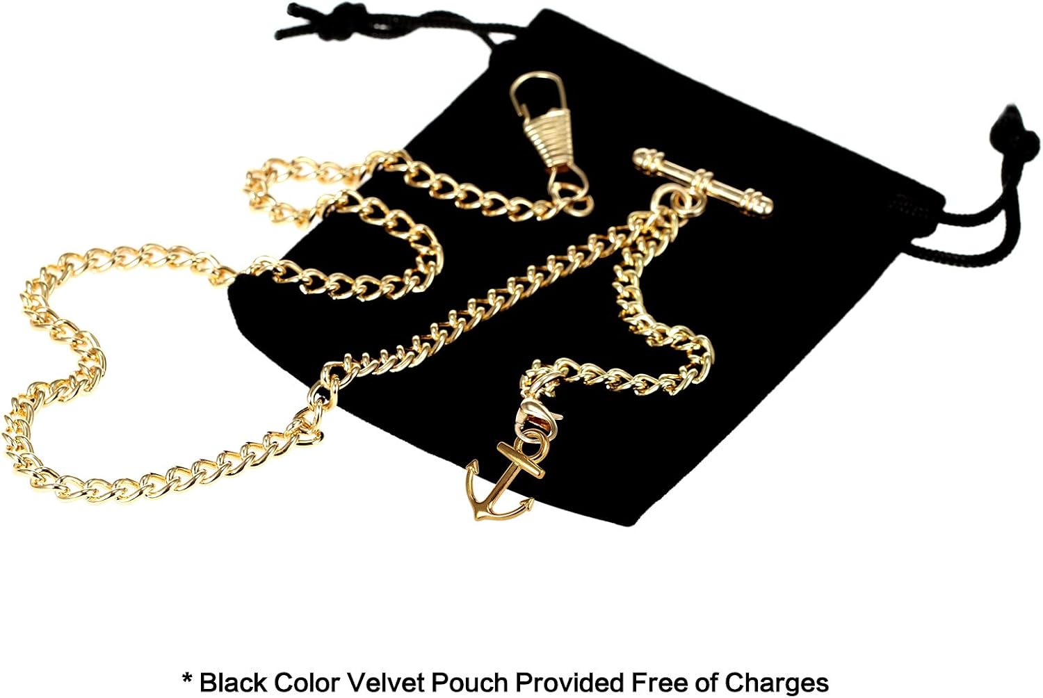 TREEWETO Pocket Watch Chain with T Bar End Albert T-Bar Pocket Watch Chain with Antique Anchor Pendant and 2 Hooks for Vest Buttonhole Gold - Image 4