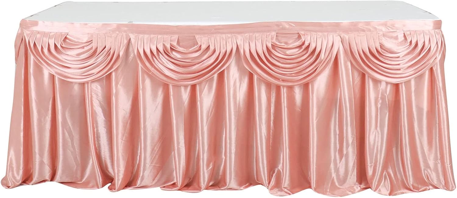 Tableclothsfactory Dusty Rose Satin Double Drape Table Skirt for Kitchen Dining Catering Wedding Birthday Party Decorations Events 14ft