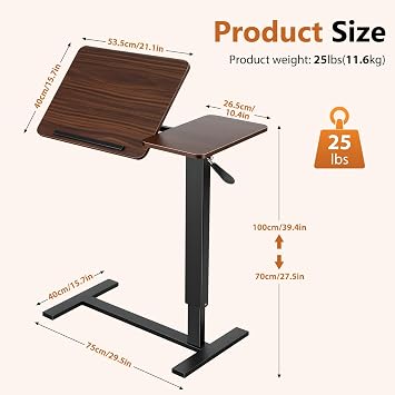 Overbed Bedside Table with Wheels, 31.5 Mobile Standing Desk with 70-degree Tiltable Desktop, Foldable Height Adjustable Rolling Laptop Desk for Bed, Home Office, Sofa Side Table Brown