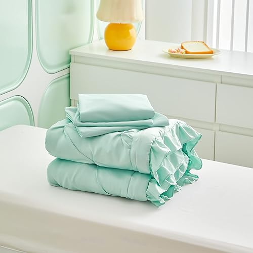 Miniatura 14 de Juego de ropa de cama plisada de 4 piezas para niños pequeños con flecos de volantes, color sólido, rosa, unisex, juego de sábanas para niñas