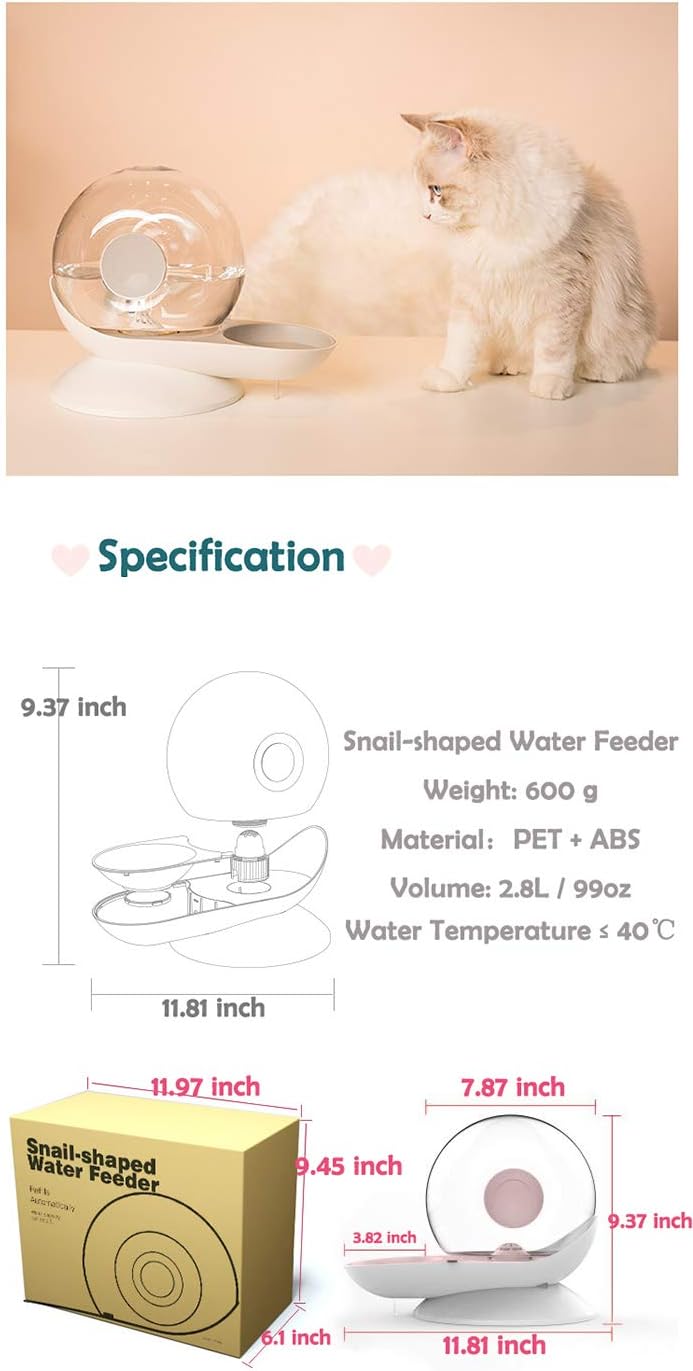 2.8/99oz Snail-Shaped cat Dog Automatic Water Feeder, cat Dog Water Dispenser, Pet Water Fountain, 7 Replacement Filters, Large Capacity self-Waterer for Cat Dog Small Animals, BPA Free (Grey)