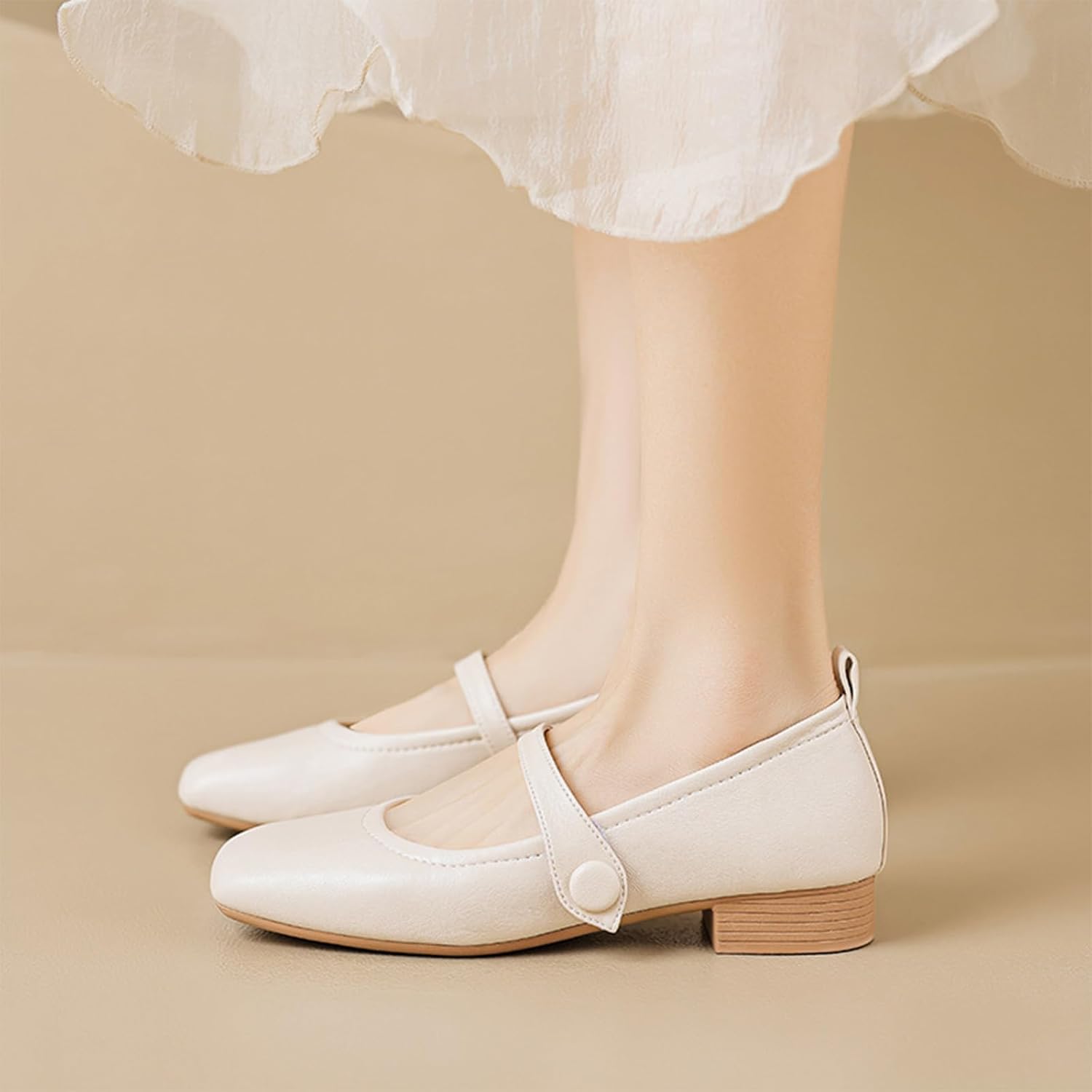 Women Leather Mary Janes Flats Ballet Flats with Strap Comfort Chunky Low Block Heel Dress Shoes