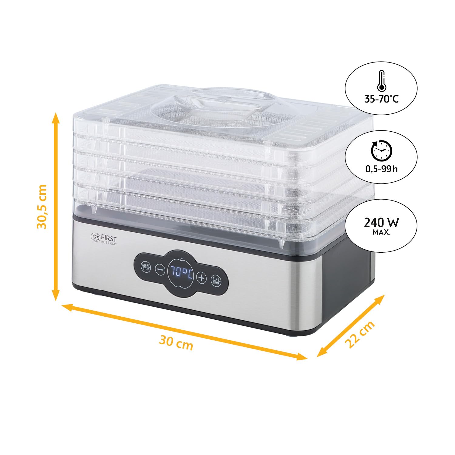 TZS First Austria Deshidratador digital para frutas, hierbas, setas y carne, 5 niveles acero inoxidable, temporizador y regulador temperatura 35-70°C