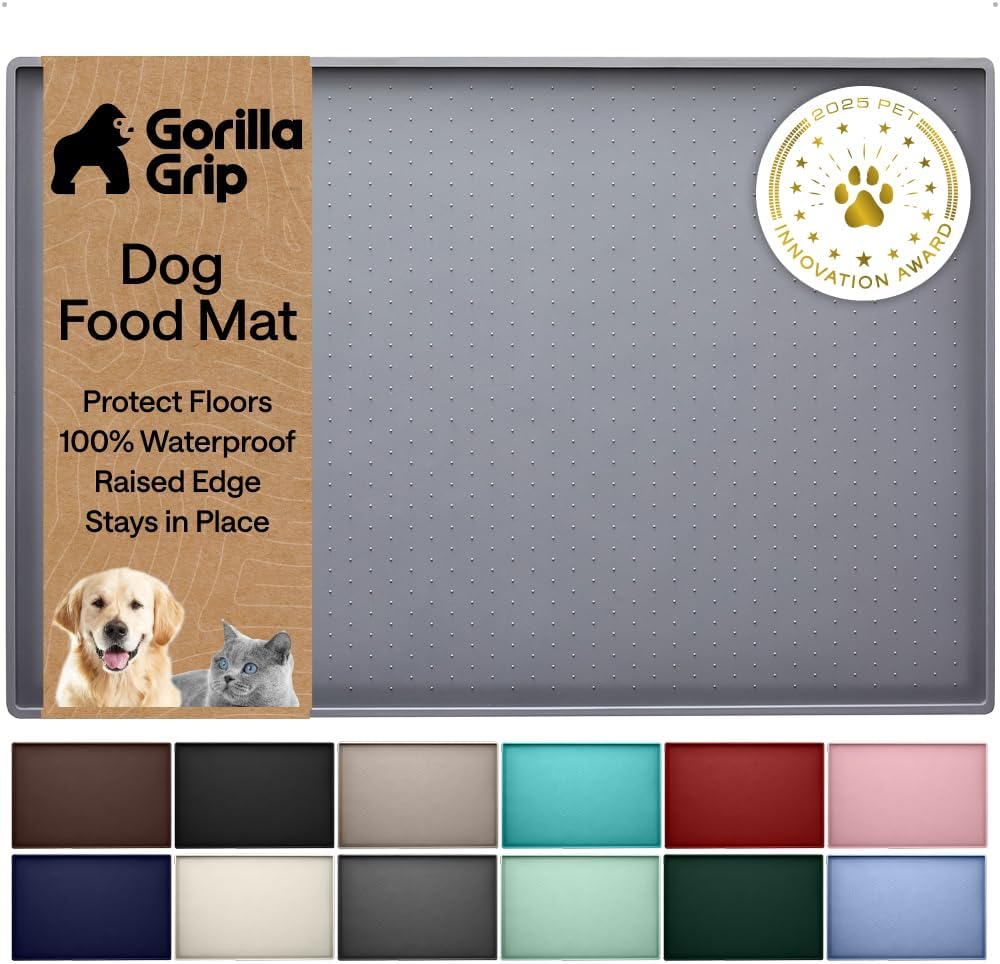 GORILLA GRIP 100% Waterproof Raised Edge BPA Free Silicone Pet Feeding Mat, Dog Cat Food Mats Contain Spills Protects Floors, Placemats for Cats and Dogs Water Bowl, Pets Accessories 18.5x11.5 Gray