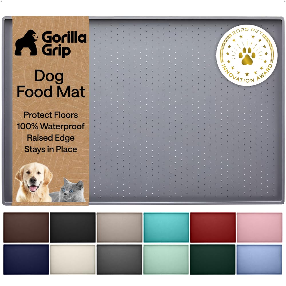 100% Waterproof Raised Edge BPA Free Silicone Pet Feeding Mat, Dog Cat Food Mats Contain Spills Protects Floors, Placemats for Cats and Dogs Water Bowl, Pets Accessories 18.5x11.5 Gray