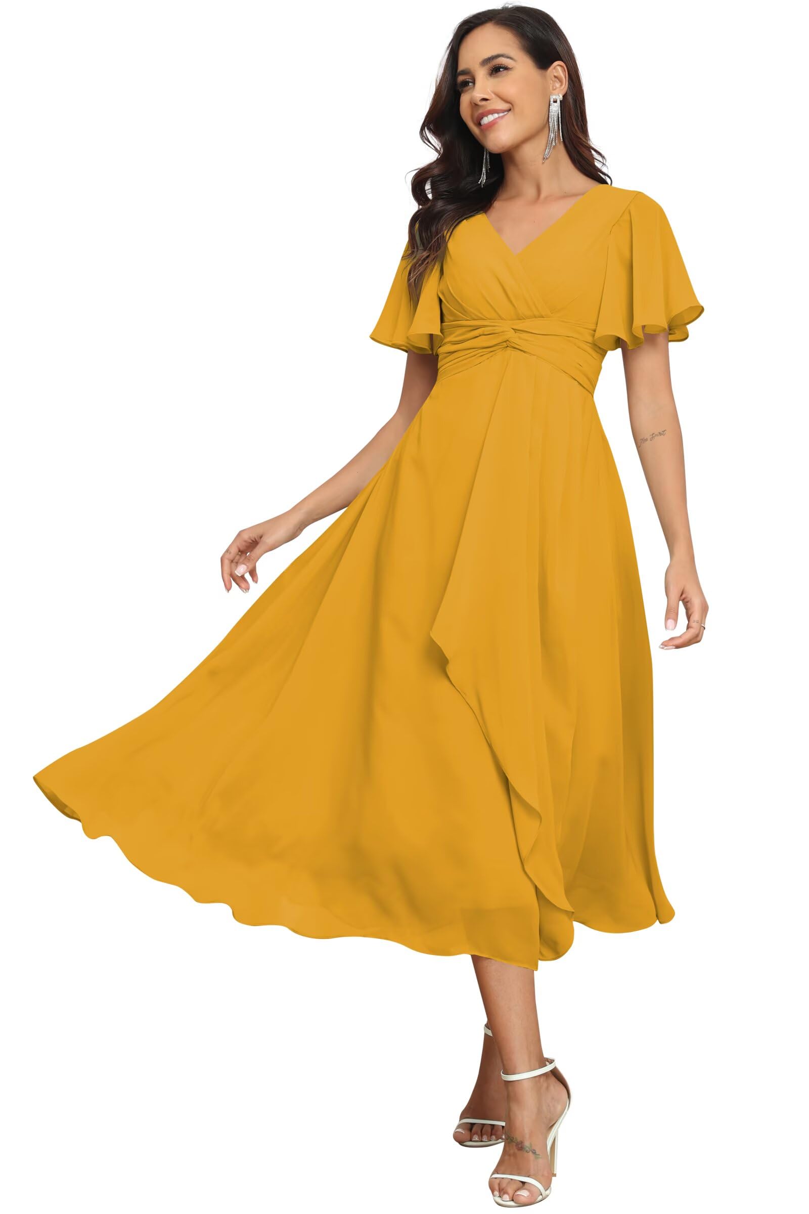 SELFGENIC V-Neck Chiffon Bridesmaid Dresses with Pleats A-line Formal Prom Dress Tea Length with Pockets