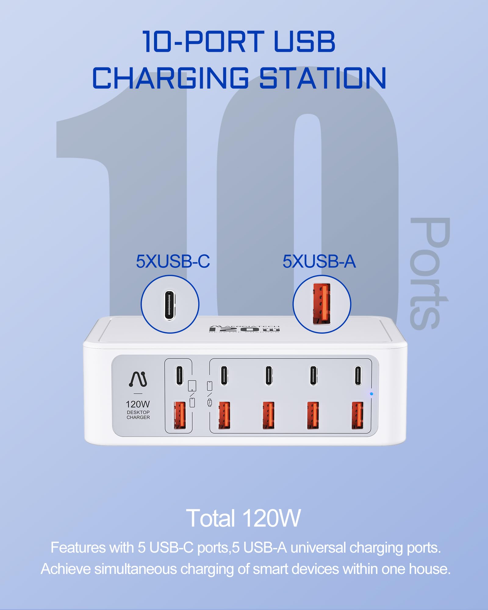 Estación de carga USB y USB C de 10 puertos, regleta de alimentación USB C de 120 W con carga rápida PD3.0 y QC3.0, concentrador de carga multipuerto para iPhone 15/14/13/12, iPad Air/Pro
