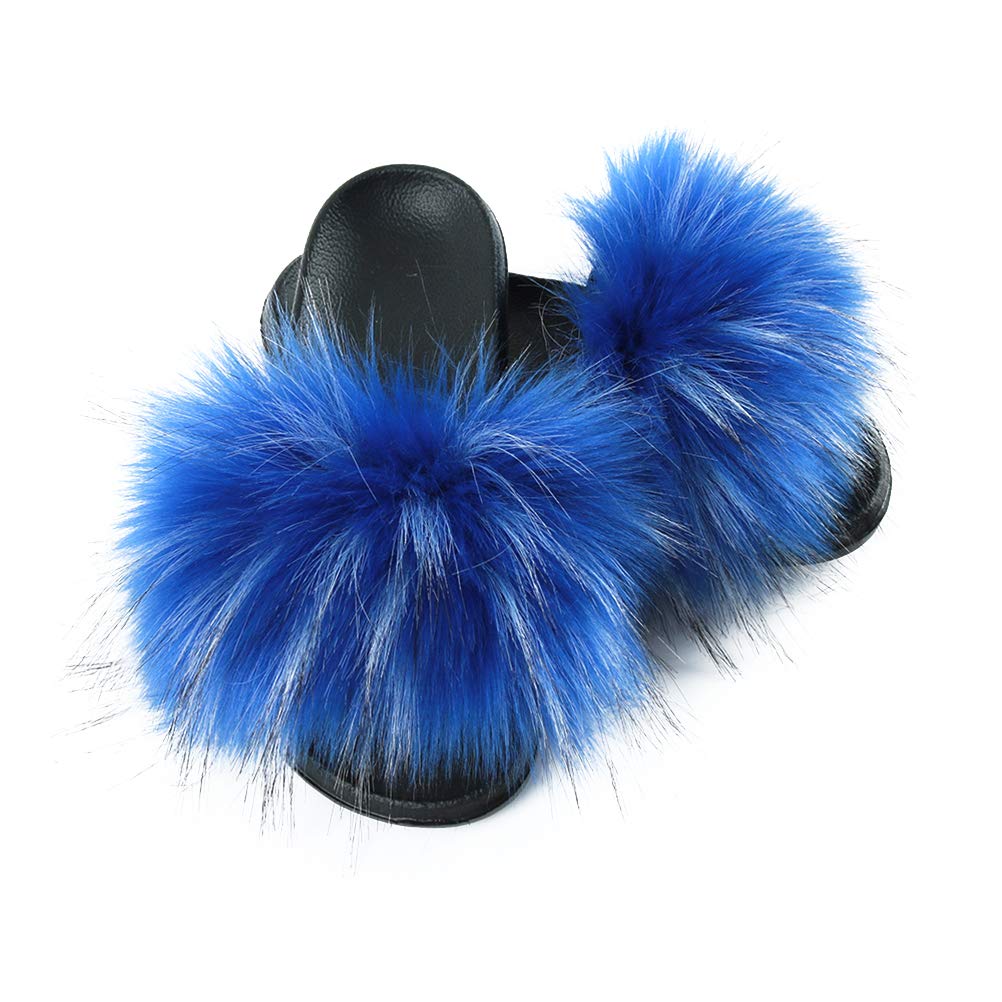 Hiser Women Fluffy Faux Fur Slipper Sliders, Ladies Furry Open Toe House Slippers, Cozy Comfy Non Slip Sliders for Walking Indoor Outdoor (blue,UK6.5-7/270)