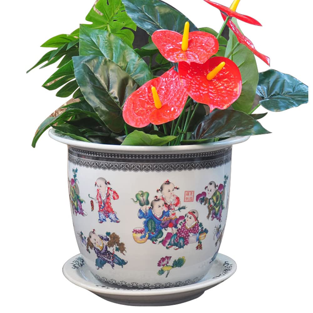 DFGHNBVC Chinoiserie Home Garden Planter Jingdezhen Extra Large Pastel Porcelain Ceramic Flower Pot Indoor Outdoor Pot With Tray,Diameter 24cm