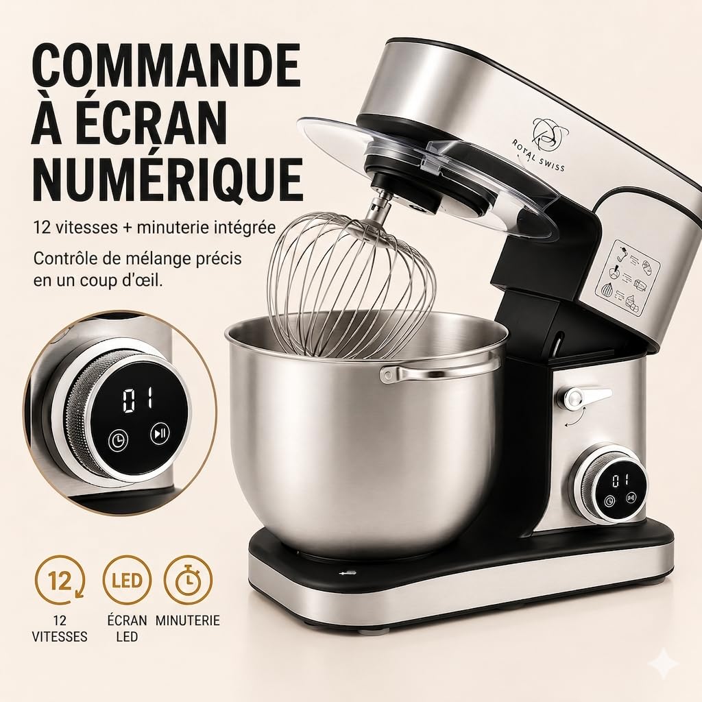 Royal Swiss ® Robot Pâtissier Professionnel 16L XXXXL 2800W, grande capacite - 12 Vitesses + Timer, Bol Inox, Ultra Puissant Pain, Pizza & Pâtisserie, patissier, Usage Intensi, Bol Inox Pâtissier
