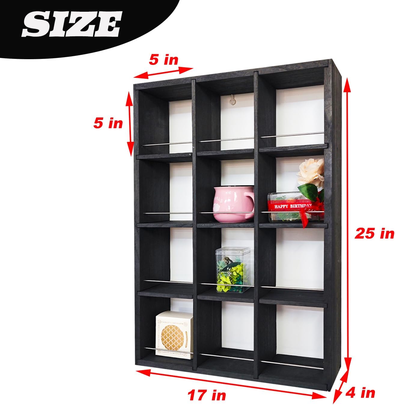 Coffee Mug Display Rack Wooden Display Shelves Cup Holder Shelves for teacups Wood Hanging Shadow Box Shot Glasses Display Case with 12 Compartment (Black)
