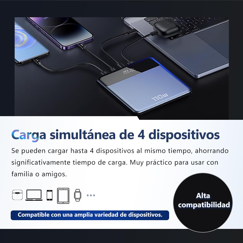 Power Bank 30000mAh 111Wh|USB-A & USB-C Entrada/Salida|Carga rápida PD 110W|4 Dispositivos a la Vez|Pantalla LCD|Compatible con iOS,móvil,Tableta,Consola,smartwatch|Viaje Emergencia,Negro