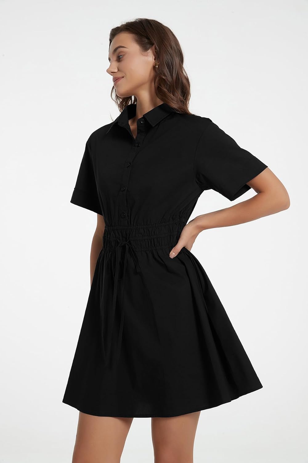 D-Sun Women Casual Button Down Shirt Dress V-Neck Short Sleeve Tie Waist Mini Shirt A-Line Flowy Elegant Short Party Dress - Image 2