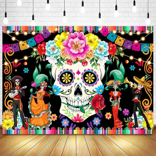 Withu Day of The Dead Backdrop Mexican Skull Marigold Flowers Colorful Theme Dia de Los Muertos Party Decorations Festival Fiesta Halloween Photo Background Banner 6x4ft