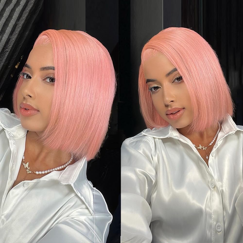 Pink Bob Wig Human Hair Pre Plucked With Baby Hair Pink Lace Front Double Drawn Wig Wear and Go 13x4 Lace Frontal Short Bob Wigs for Women 10inch 200% Density 10inch