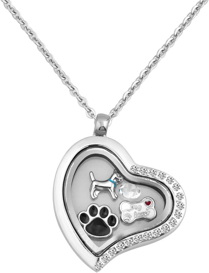 LuckyJewelry Puppy Dog Paw Print Heart Living Floating Charm Memory Locket Pendant Necklace with 18 Chain