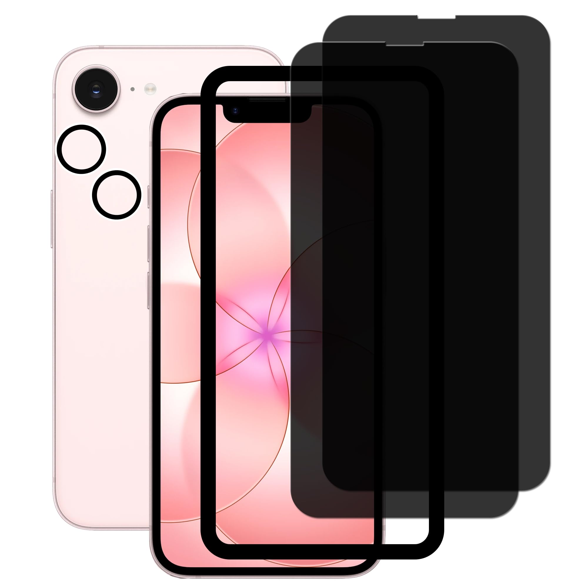 HKKAIS 左右の視野 のぞき見防止 iPhone 17E 用の 覗き見防止 ガラスフィルム 日本製硝子採用 強化 ガラスカメラフィルム 液晶画面 iPhone 16E 保護フィルム【2+2枚入り+ガイド枠付き】
