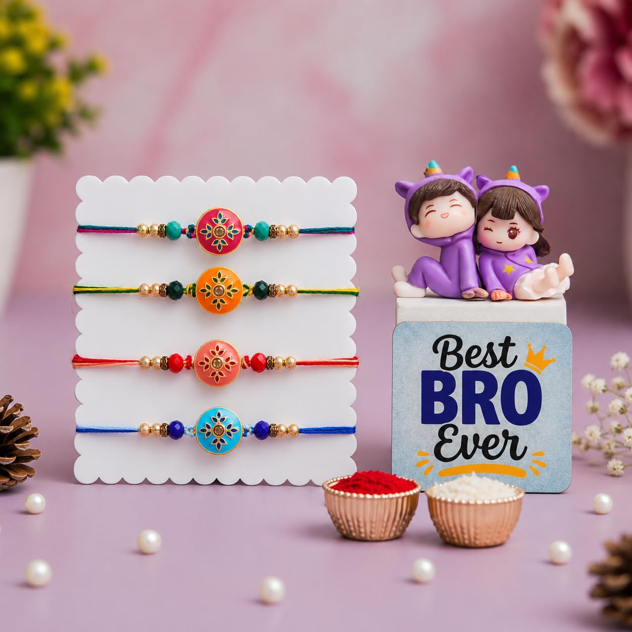 eCraftIndia Set of 4 Designer Rakhi for Brother with Best Bro Ever Fridge Magnet & Cute Sibling Showpiece | Premium Beaded Rakhi Set with Roli Chawal | Raksha Bandhan Gift Combo