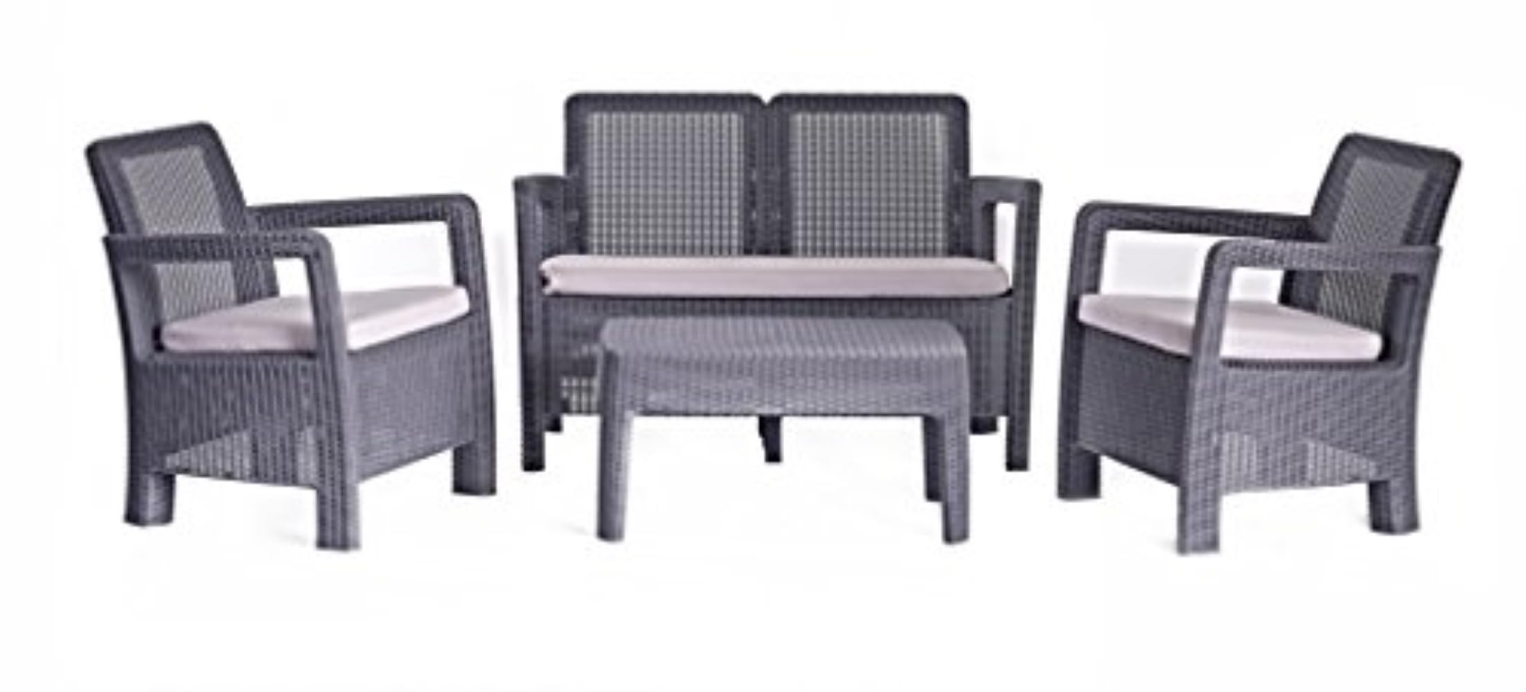 Keter Tarifa Lounge Conjunto de jardín o terraza Exterior 4 plazas y Mesa con Cojines incluidos, Resina con Acabado ratán Redondo, Color Grafito