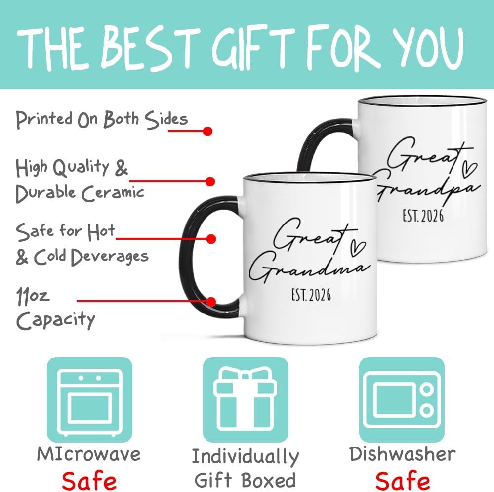 Great Grandma Great Grandpa Est 2026 Mug Set - Grandma Coffee Cup - Pregnancy Reveal Mug – Pregnancy Announcement Mugs for Grandparents - Image 6