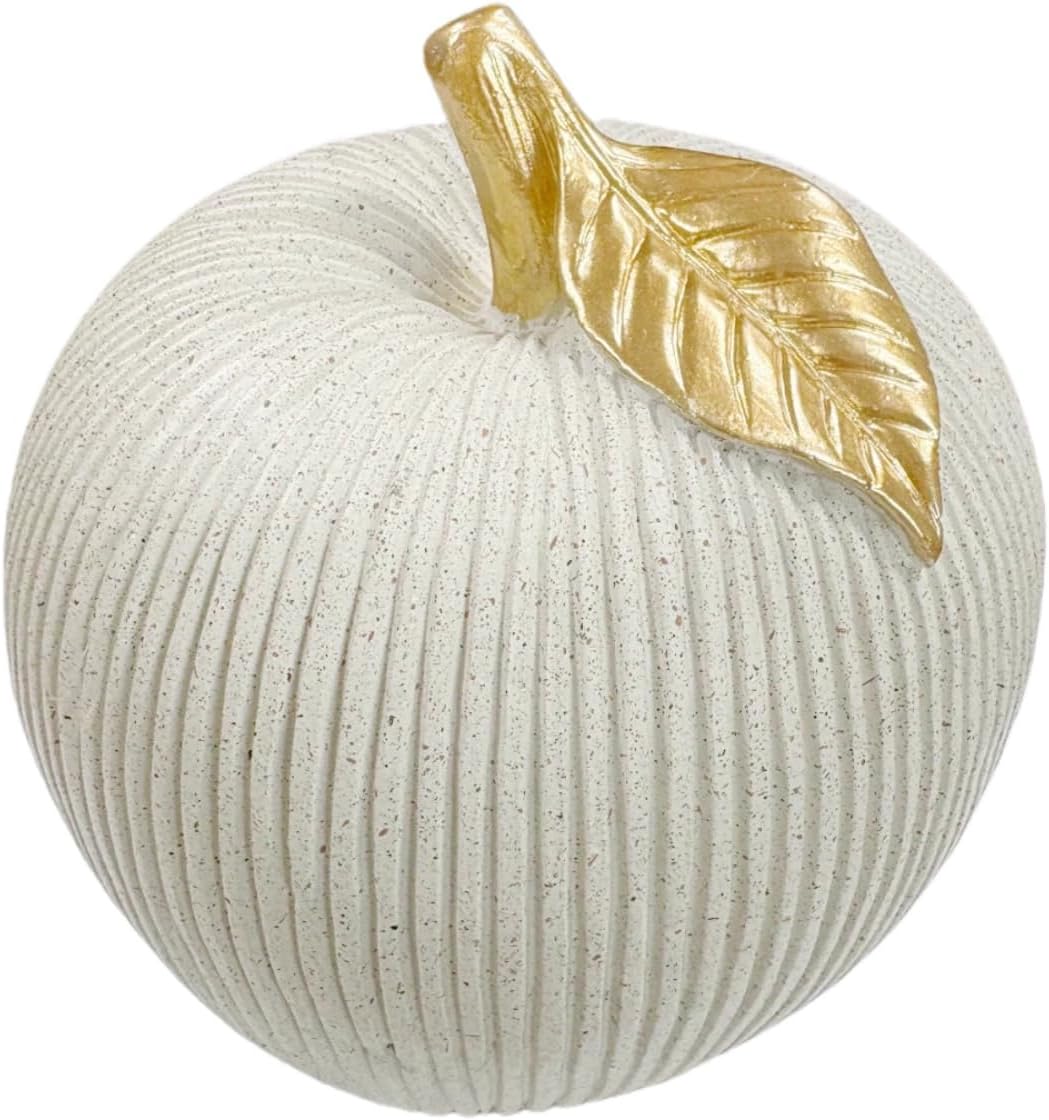 Gray-White Apple Figurine with Gold Leaf, Apple Sculpture for Modern Home Decor, Decorative Fruit Ornament for Kitchen, Living Room, Coffee Table & Shelf Styling