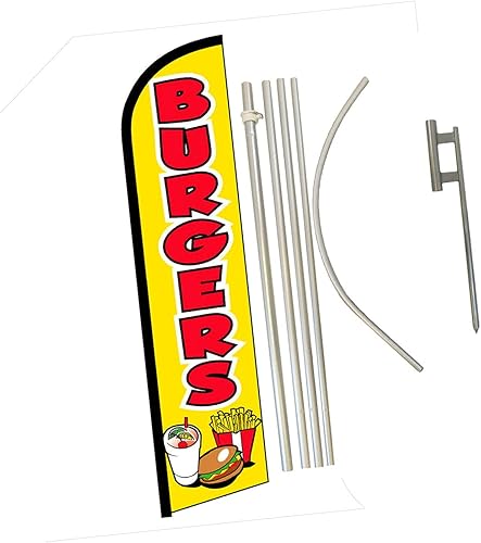 Hamburguesas con curva completa Swooper Bandera publicitaria sin viento, hamburguesas con queso, hamburguesas de colores vivos, para todo tipo de