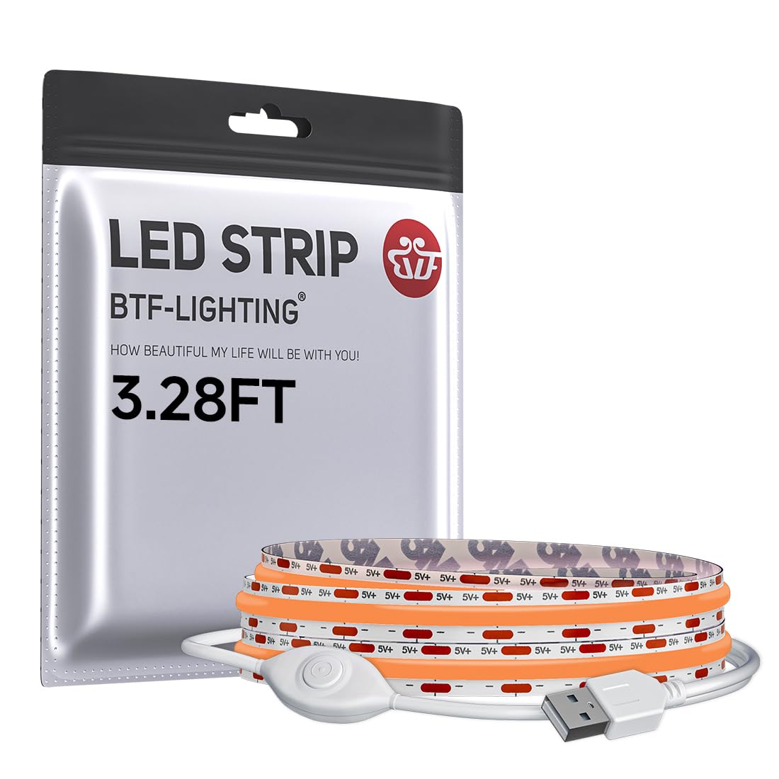 BTF-LIGHTING FCOB COB LED Strip Lights 5V USB Powered Orange Color for TV