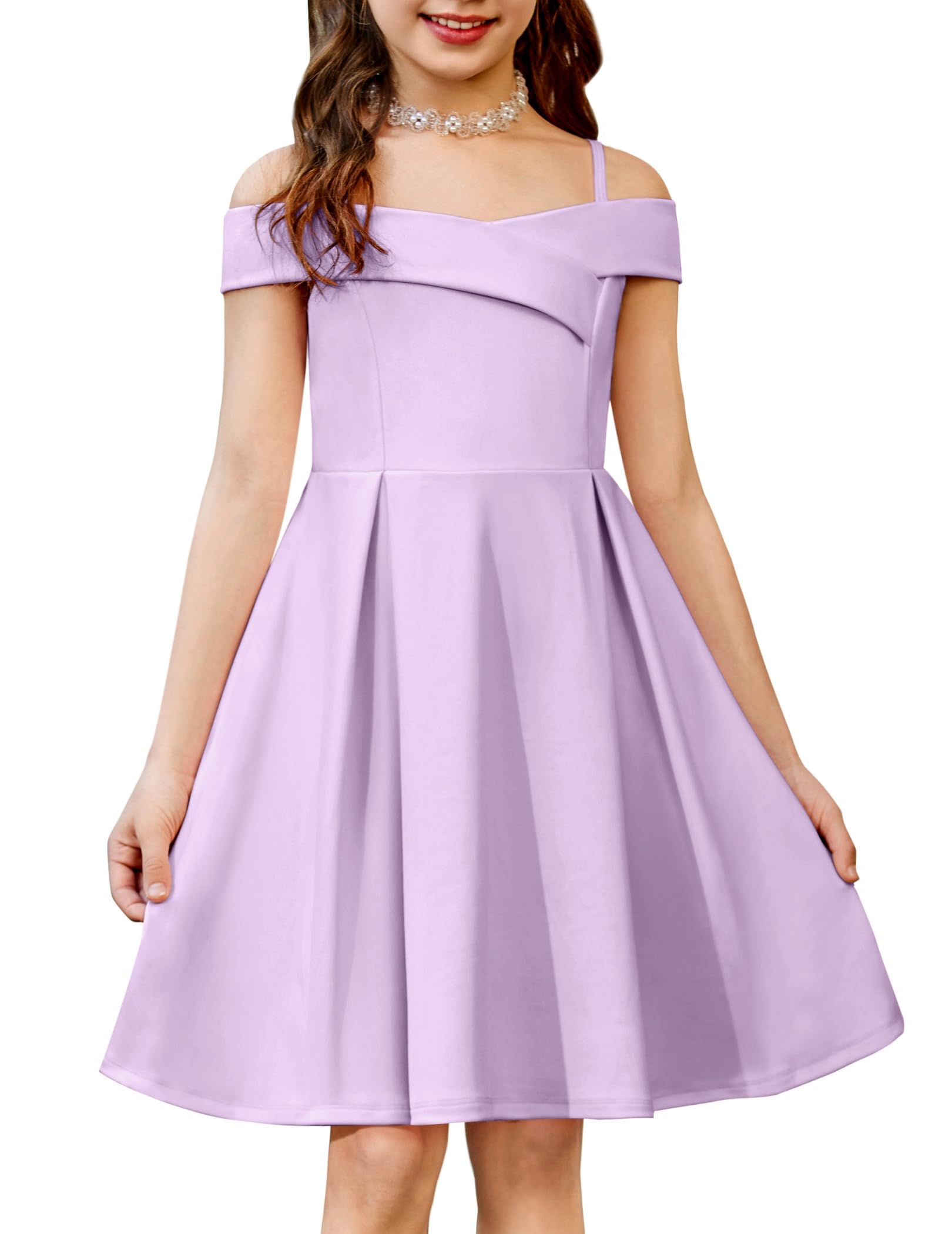 Arshiner Girls Summer Dress Off Shoulder Fold Pleated Formal Elegant A-Line Party Dresses with Pocket — view 10