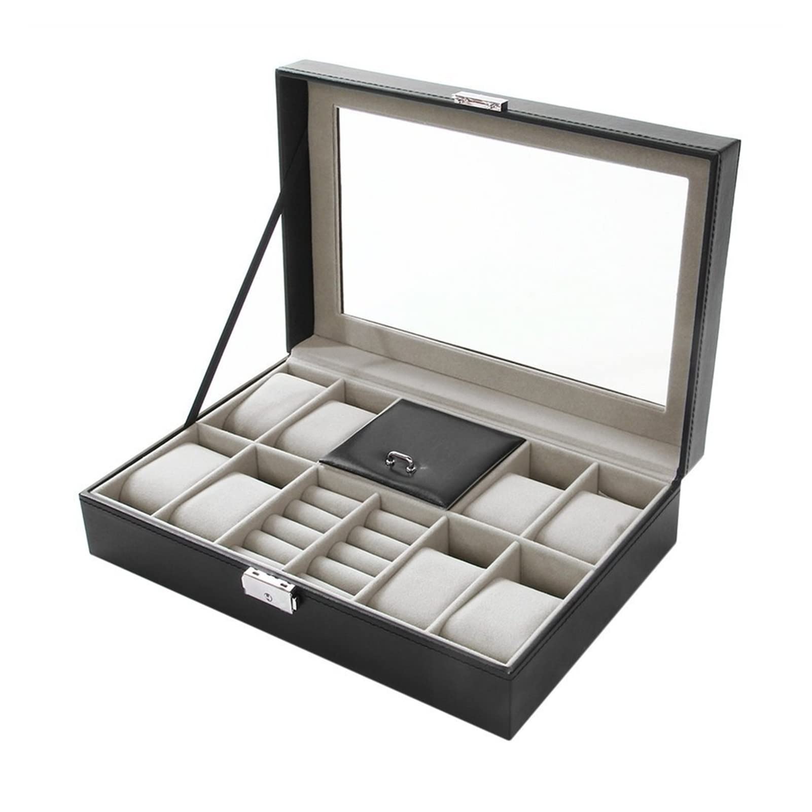 Uhrenbox, Uhrengehäuse, Aufbewahrungsbox, Uhrenbox, Uhrenbox für Damen und Herren, 12 Fächer, schwarze Uhrenbox, PU-Lederetui, Organizer mit Schmuckschublade zur Aufbewahrung und Präsentation von