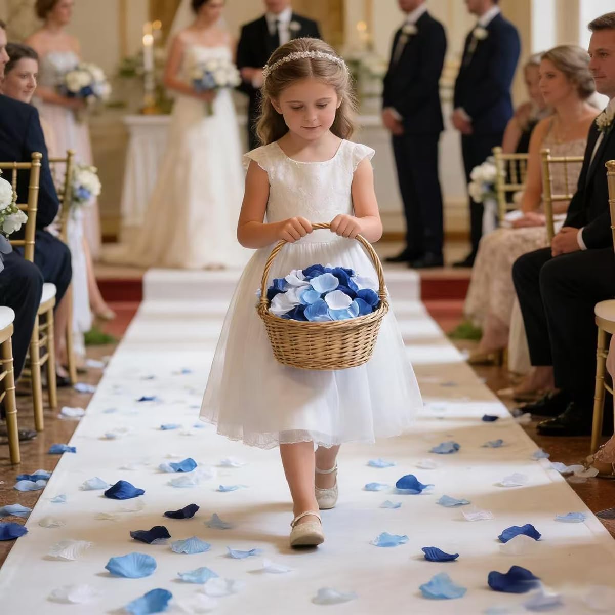 ALLHEARTDESIRES 1200 PCS Blue and White Artificial Rose Petals - Silk Flower Petals for Wedding Aisle Decor, Flower Girl Baskets & Table Scatters - Navy & Light Blue Decor for Baby Shower