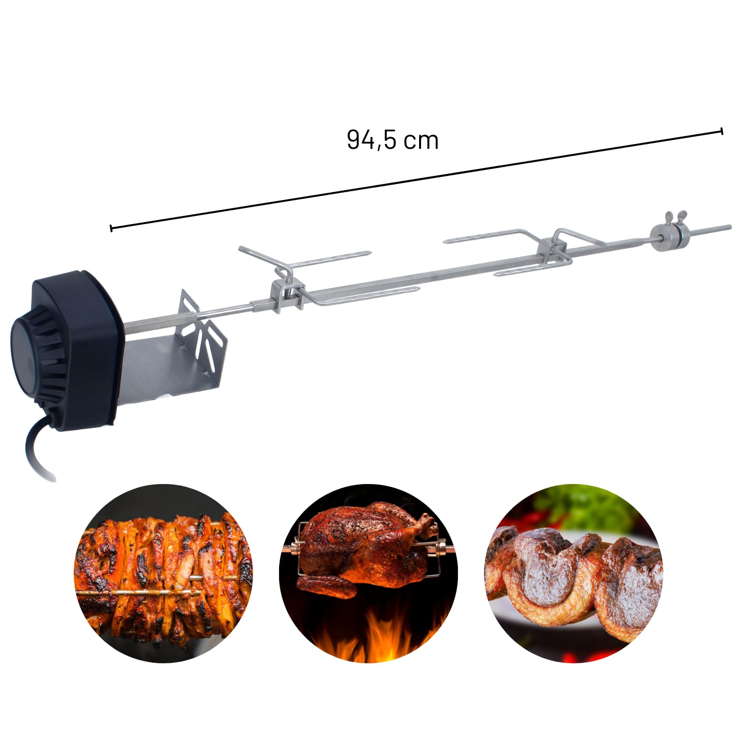 Cook>it - Girarrosto in Acciaio Inox per griglia a Gas 3/3/4/5 fuochi, Design Robusto con spiedino 10×10 mm, Nero