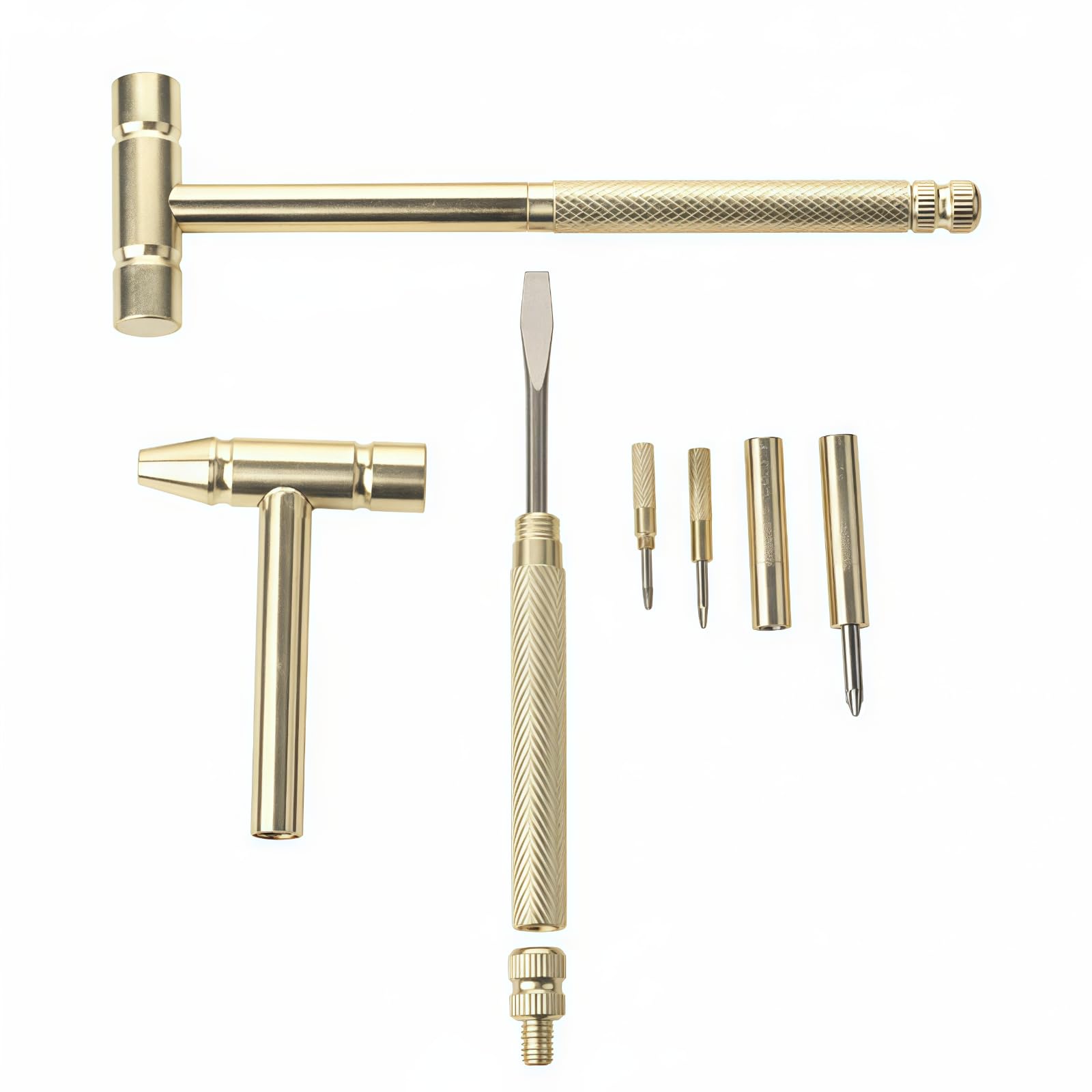 1Pc Mini Gold 6 in 1 Hammer Brass Hammer with Screwdriver Hand Tools, Multifunction Jewelers Copper for Repair Mobile Phones,Laptops,Watches,Glasses,Small in Size