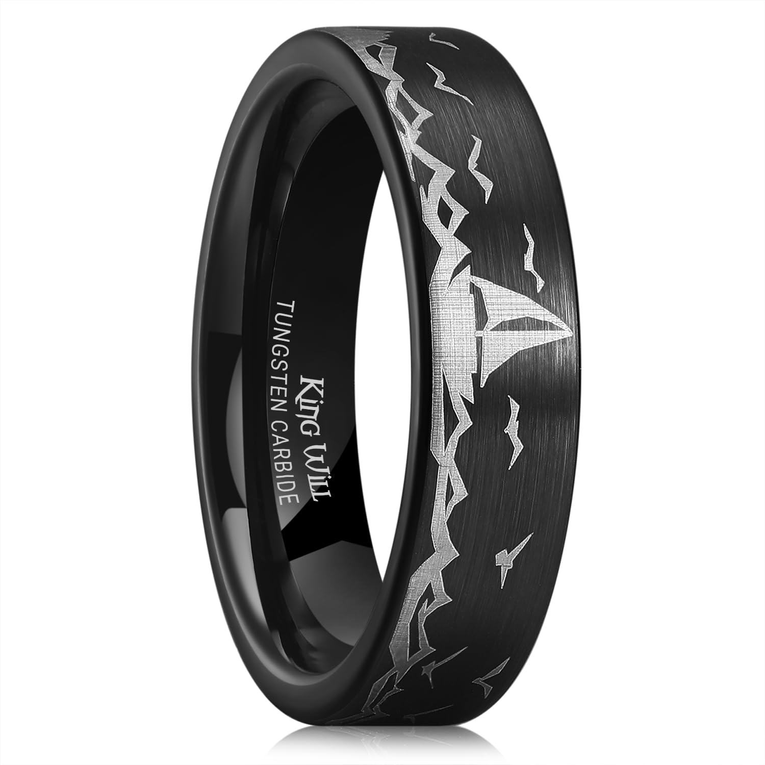 King Will Mens 6mm 8mm Black Silver Tungsten Carbide Wedding Bands Inlay Lasered Seagull/Forest Landscap/Panda/Deer/Hunting/Fly Fishing Brushed Wedding Rings for Men Women